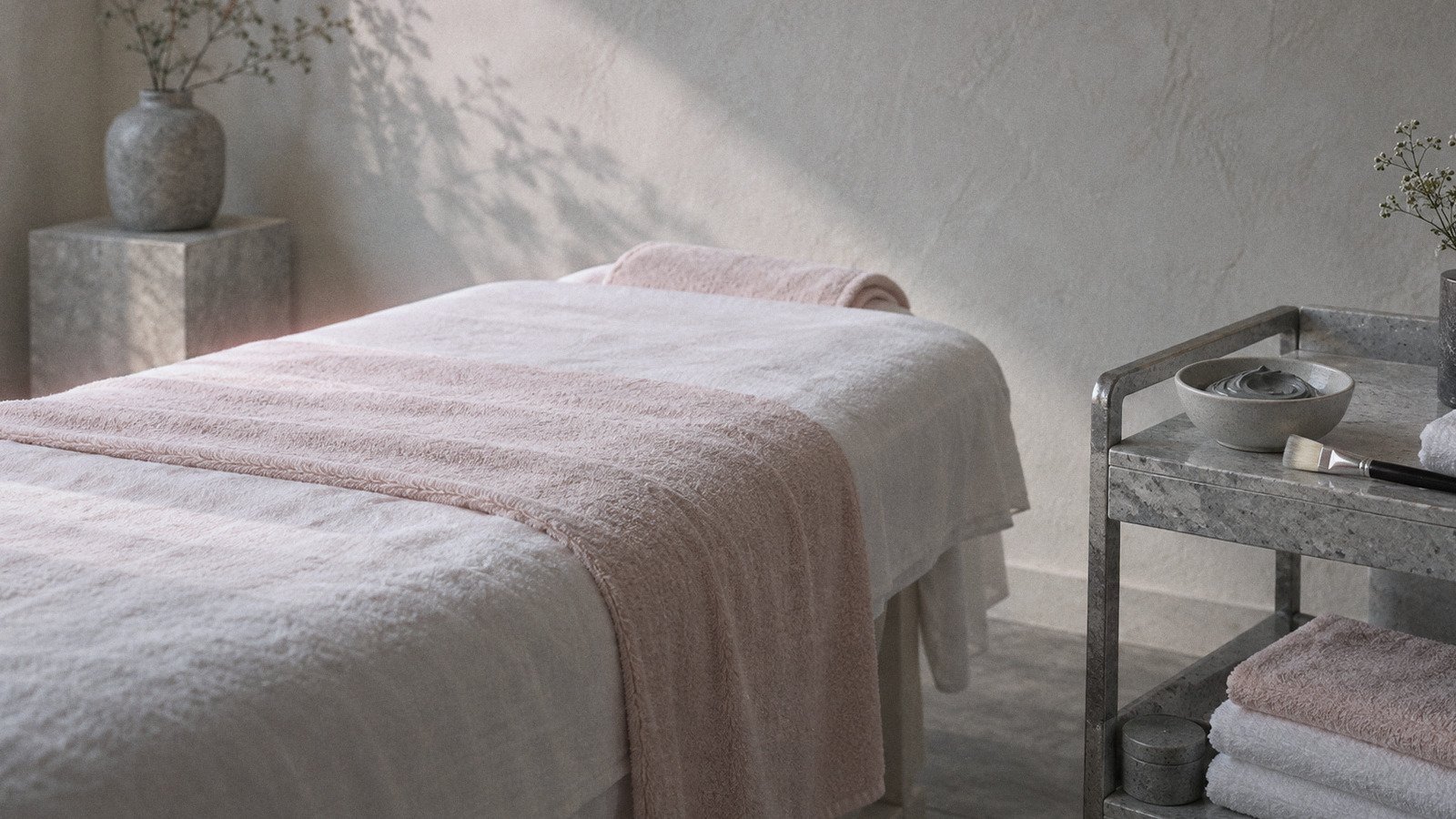 Facial bed prepared for a back facial, with a bowl of clay mask and a brush on a stone trolley