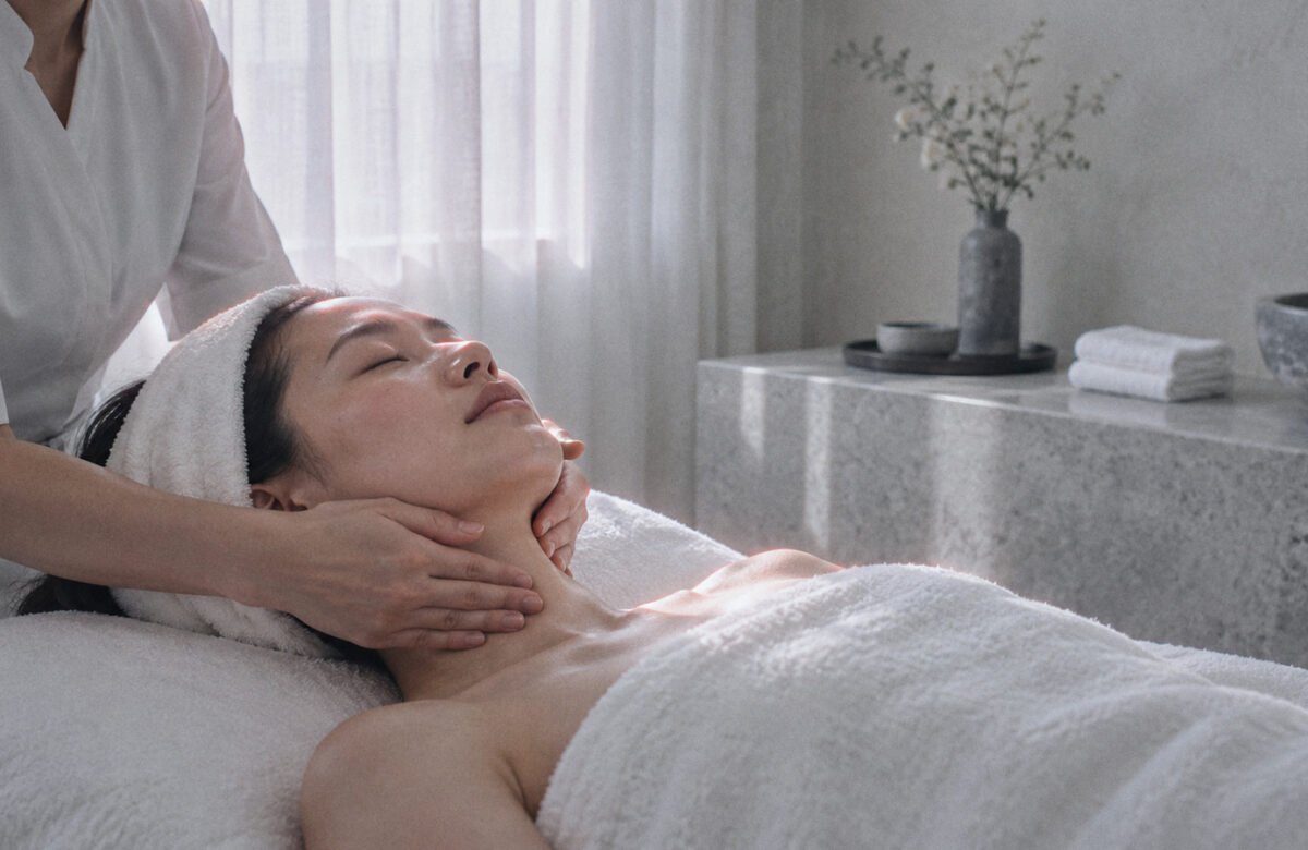 Therapist gently massaging the neck and jawline of a woman lying on a facial bed