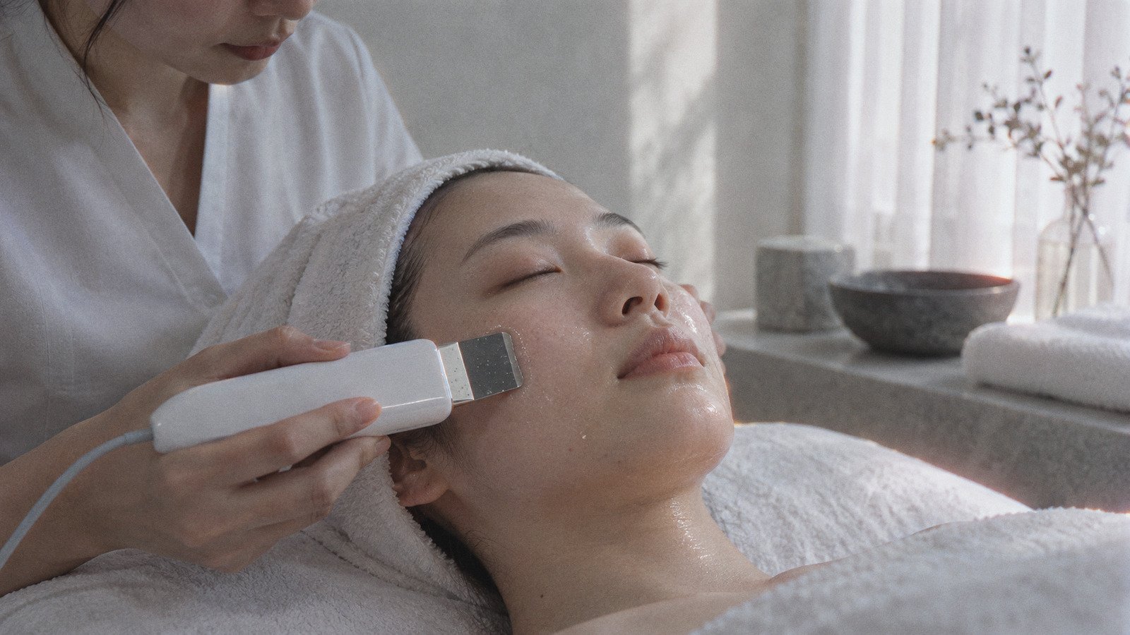 Therapist using an ultrasonic skin scrubber on the cheek of a woman lying on a facial bed