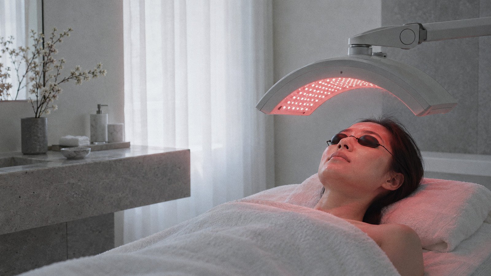 Woman wearing eye shields lying on a facial bed under a curved red LED light panel