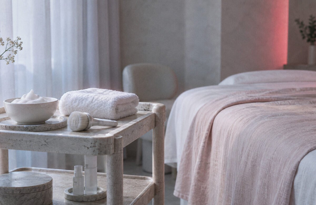 Bowl of cleansing foam, folded towel and facial brush on a stone trolley beside a facial bed, lit by a soft red glow