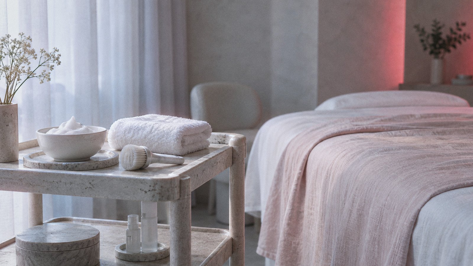 Bowl of cleansing foam, folded towel and facial brush on a stone trolley beside a facial bed, lit by a soft red glow