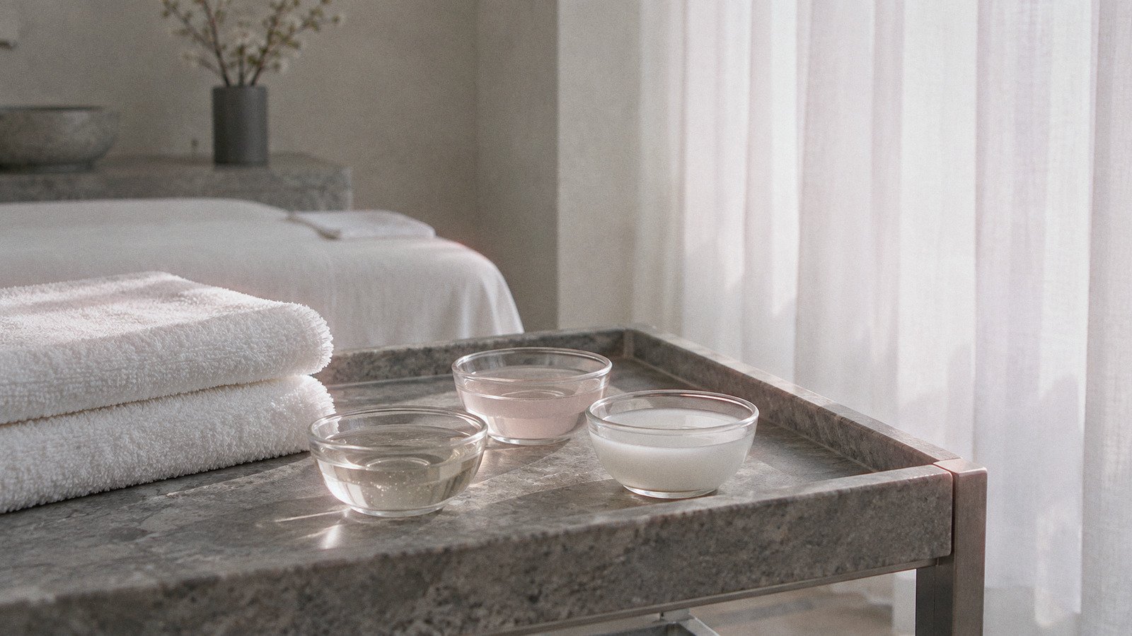 Three glass bowls of clear, pink and white facial serum on a stone spa trolley beside folded towels