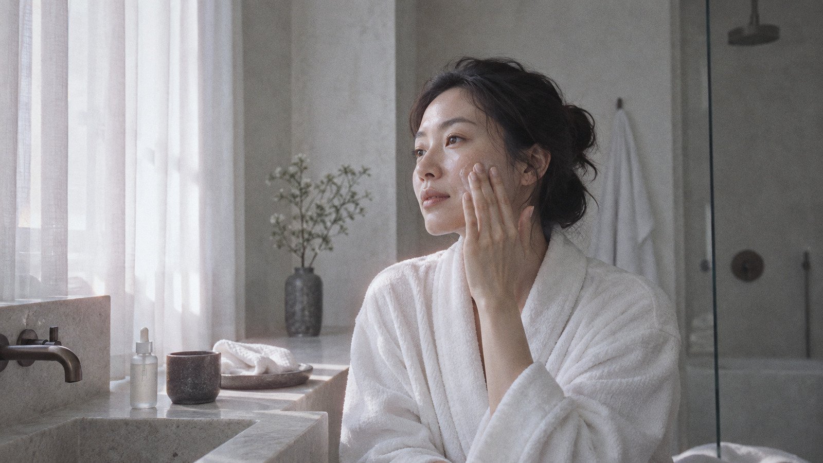 Woman in a white robe patting serum into her cheek beside a curtained bathroom window