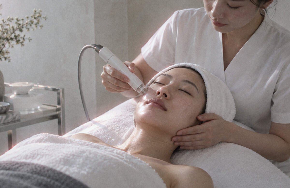 Therapist gliding a hydradermabrasion wand across the cheek of a woman lying on a facial bed