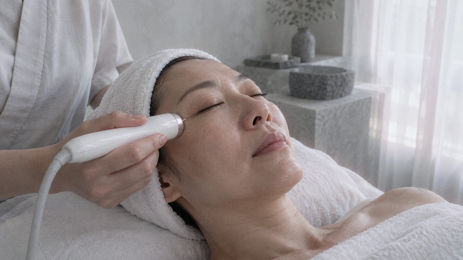 Therapist holding a handheld ultrasound device beside the outer corner of a woman's closed eye