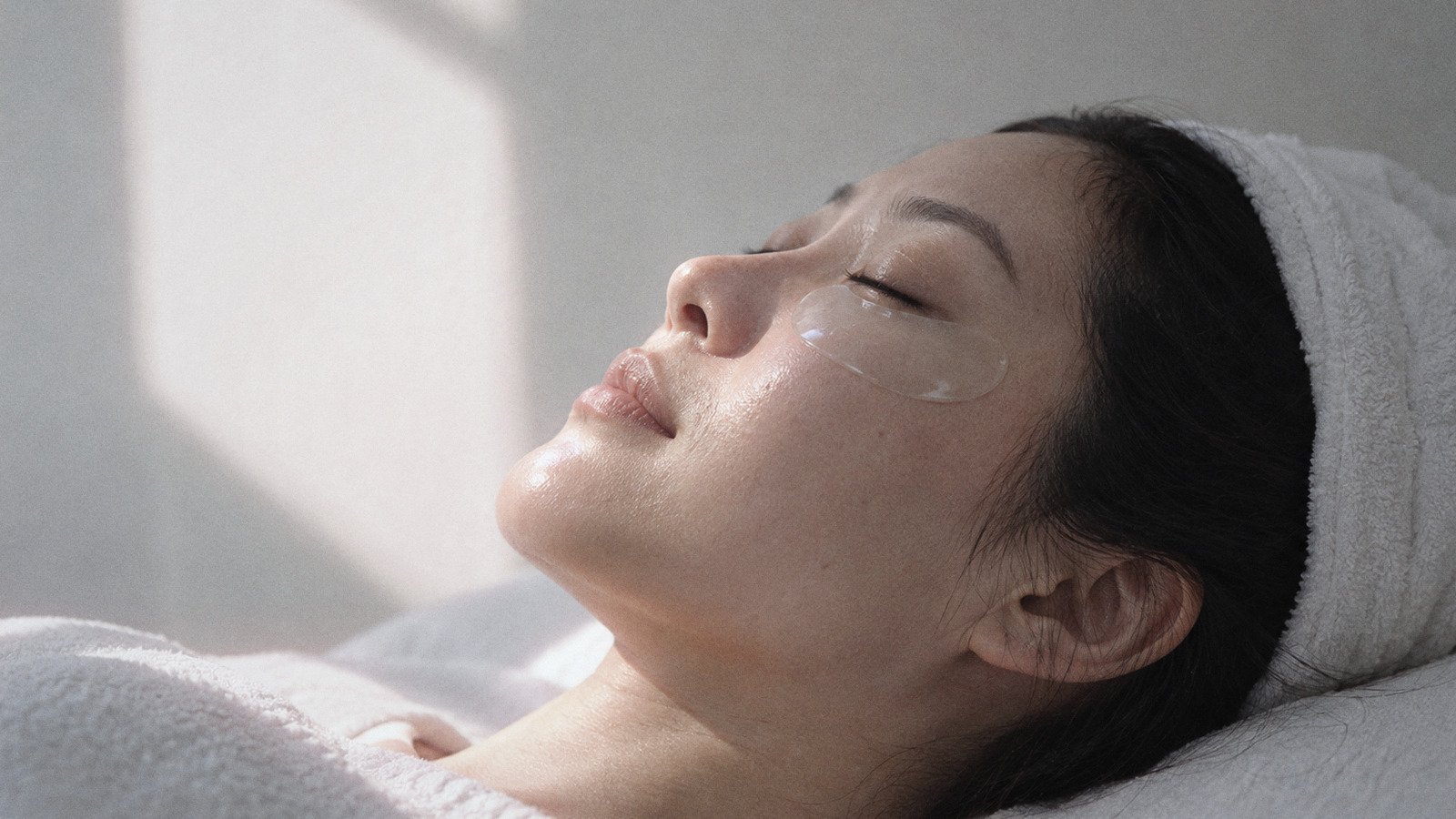 Woman lying on a facial bed with her eyes closed and a clear hydrogel patch under her eye
