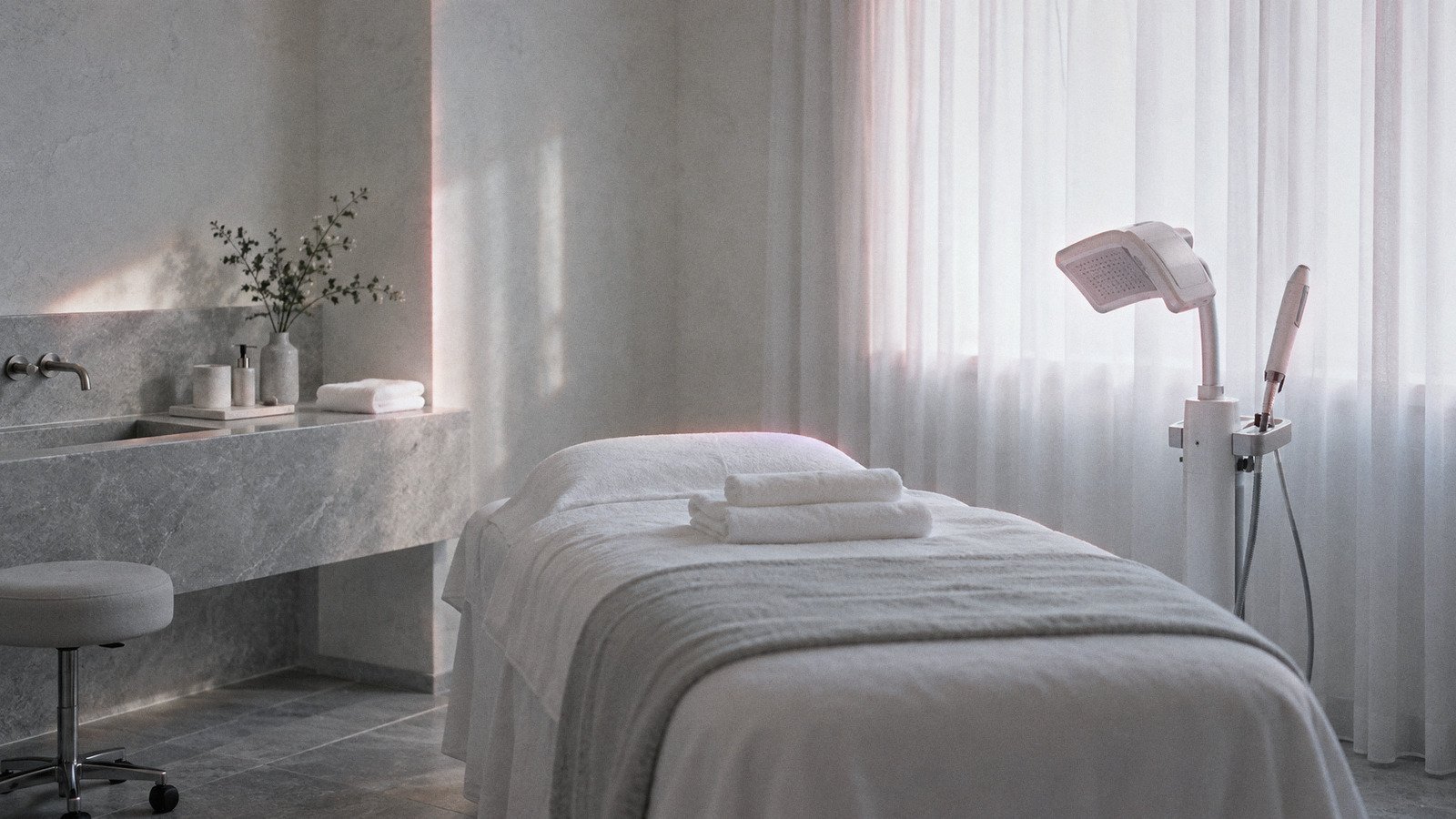 Empty facial treatment room with a made-up bed, folded towels and a light-therapy device on a stand