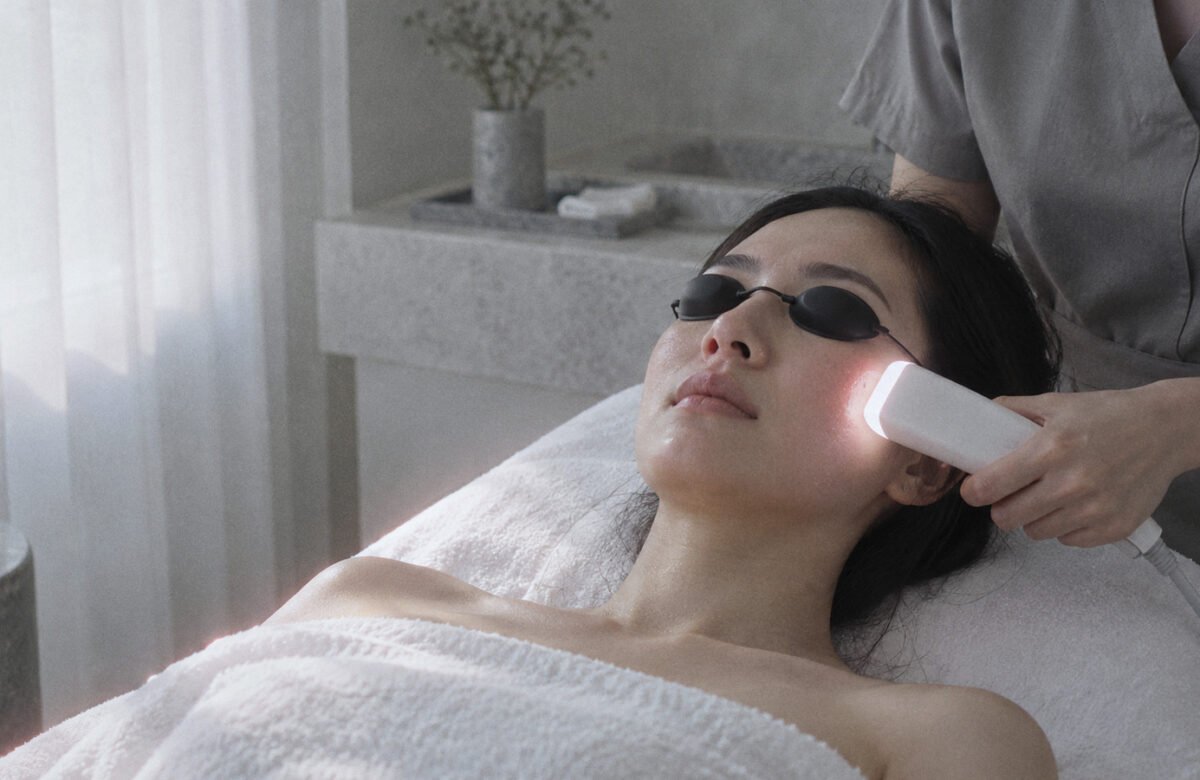 Woman wearing protective eye shields on a facial bed while a therapist holds a glowing light-therapy handpiece near her cheek