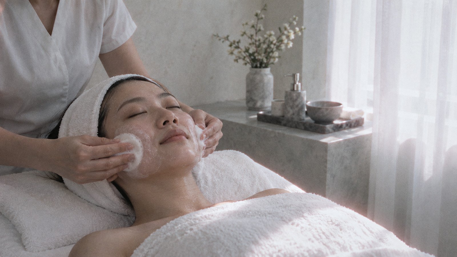 Therapist gently cleansing the cheeks of a woman lying on a facial bed with a towel band in her hair