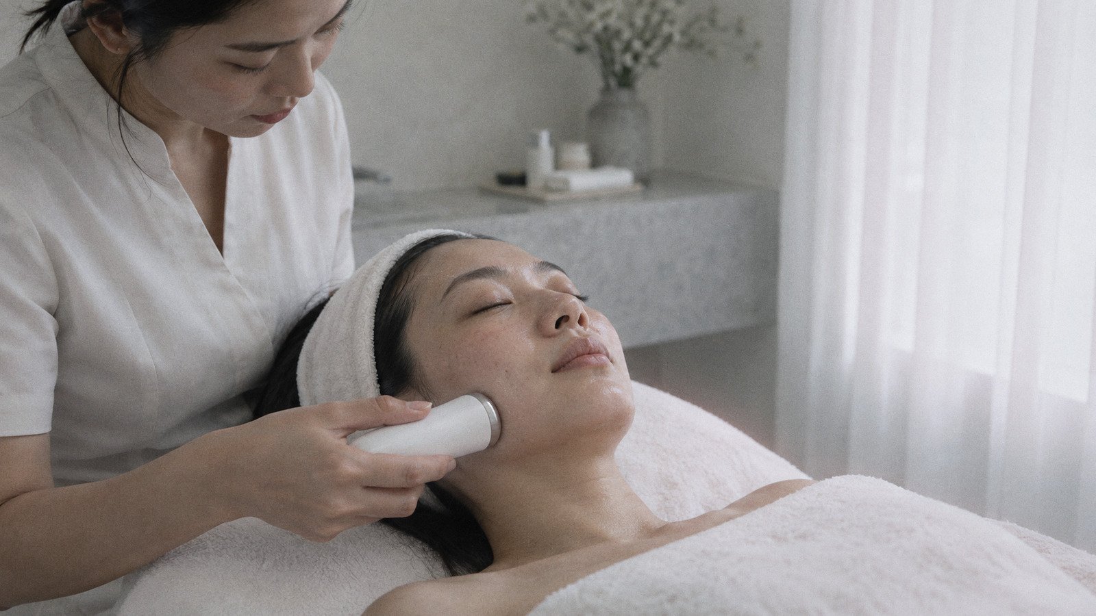 Therapist holding a handheld treatment device against the jawline of a woman on a facial bed