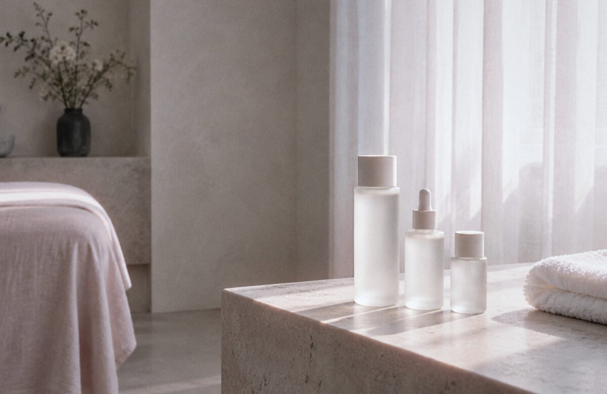 Three unlabelled frosted skincare bottles in a row on a stone ledge beside a folded towel in a spa room