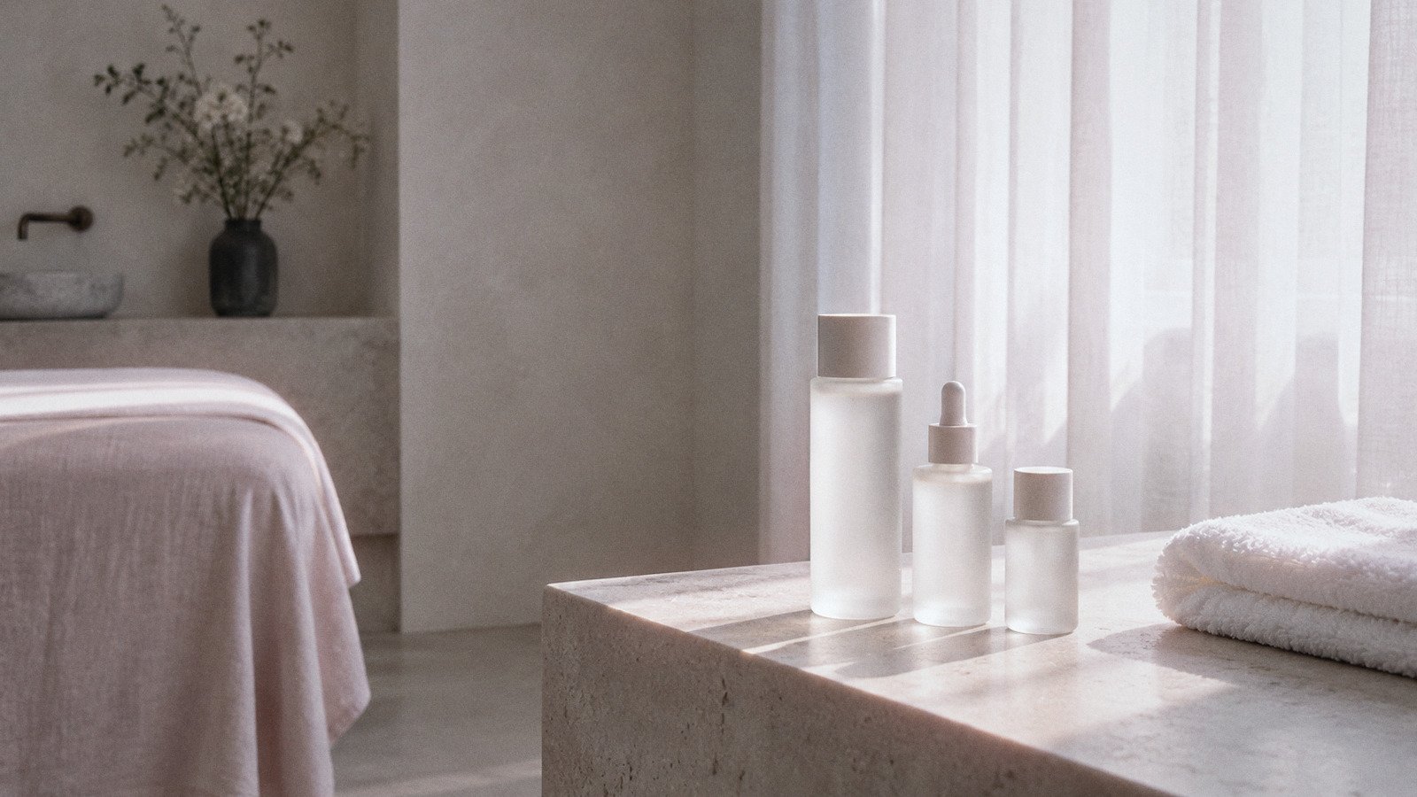 Three unlabelled frosted skincare bottles in a row on a stone ledge beside a folded towel in a spa room